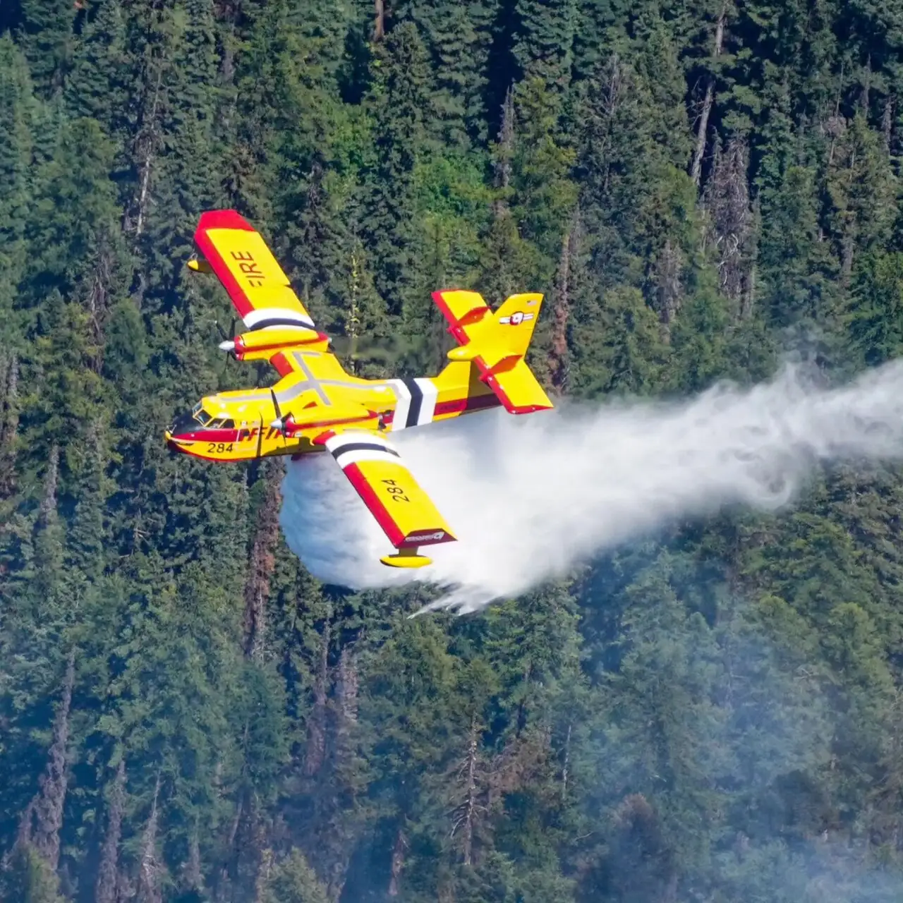 A yellow water bomber dropping water over a burning forest